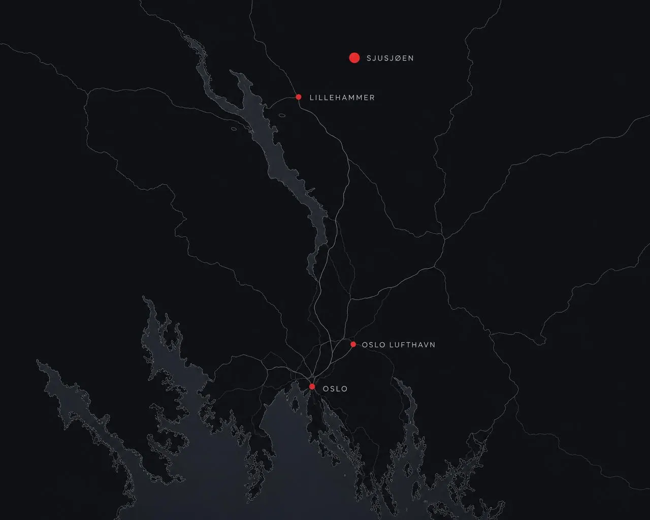Kart som viser Kosen på Sjusjøen i forhold til Lillehammer, Hunderfossen og Oslo